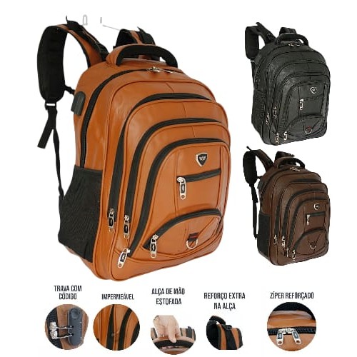 Mochila Masculina Feminina Couro PU Impermeável com USB Antifurto Reforçada para Viagem e Trabalho
