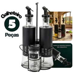 Kit 5 Peças Galheteiro Vidro GRANDE 300ml + Porta Condimentos 85ml c/ Suporte e Dosador