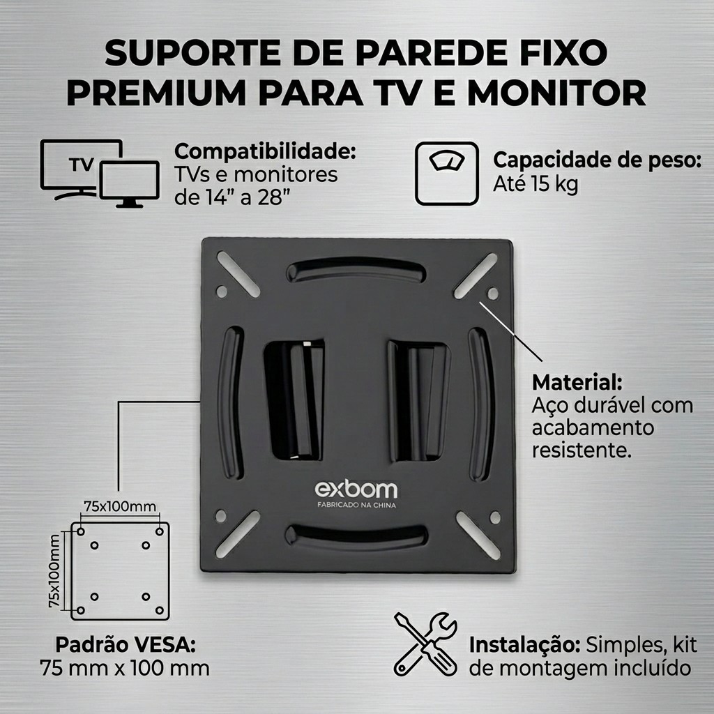Suporte Para TV e Monitor Universal De Parede Fixo 14" a 28" Polegadas EXBOM Padrão VESA