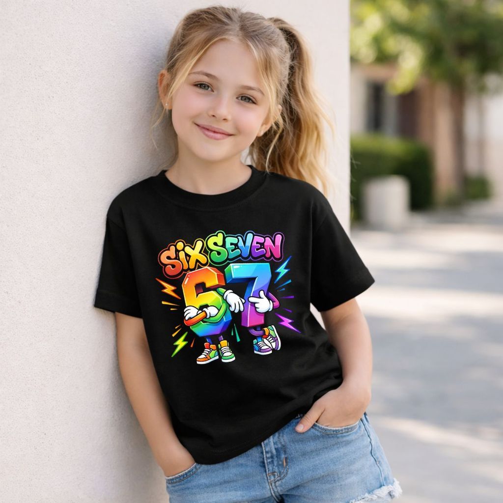 Camiseta Infantil Estampada 100% Algodão Confortável Estilo Moderno Six Seven Minimalista Criança Linha Premium