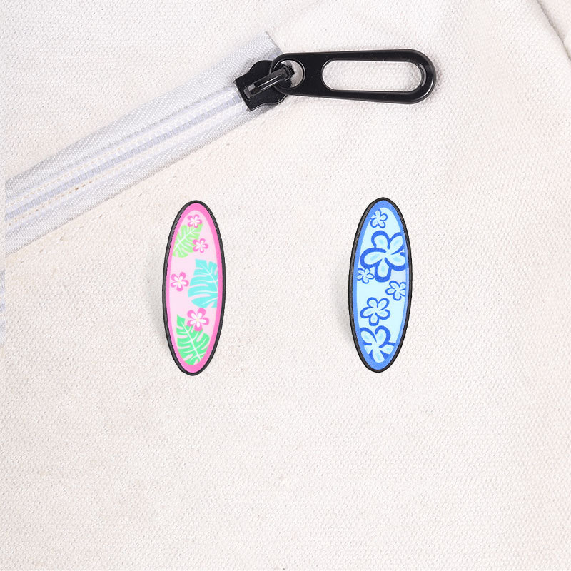 Alfinete Esmaltado Para Prancha De Surf Tropical Rosa E Azul Emblemas De Praia Com Flores Havaianas