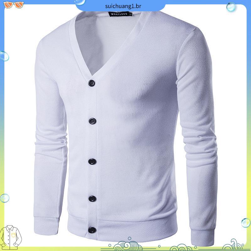 Cardigan Tricô Masculino com Bolso Gola V Slim Fit Liso Casaco Moda Estiloso Suéter Outono Inverno