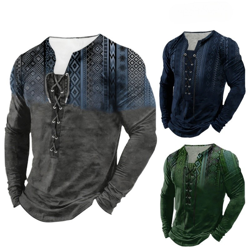Camisa Henley Masculina Casual Vintage de Manga Longa, Inspirada na Moda, Gola Redonda, Com Cordão HGAP 3EUR
