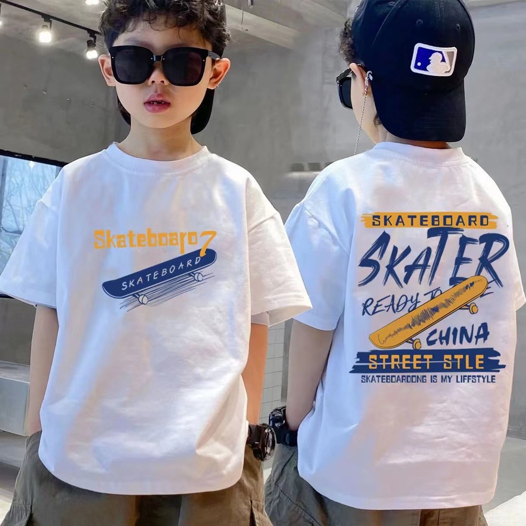Algodão puro meninos dos desenhos animados skate impresso camiseta 2025 na moda médio grande crianças em torno do pescoç