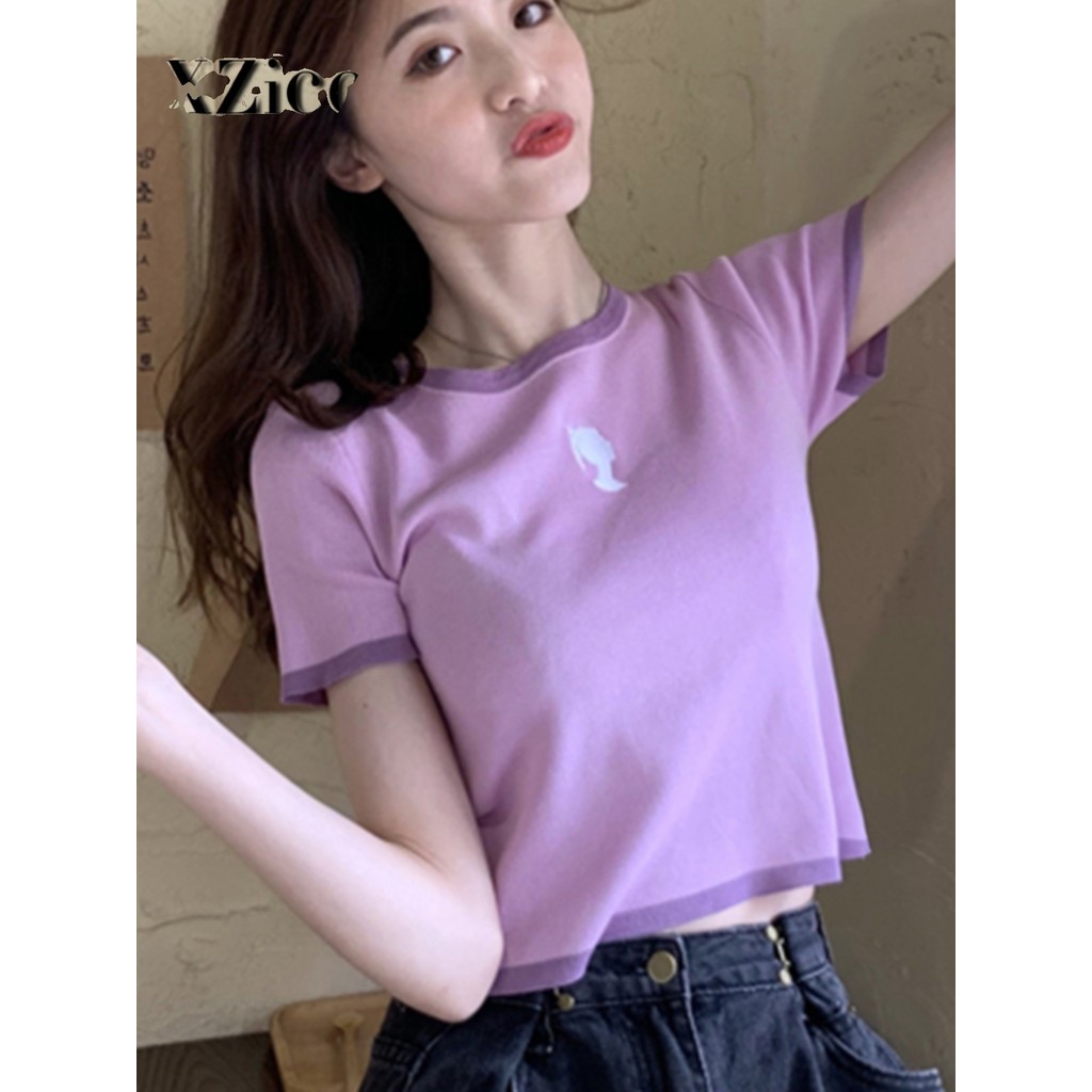 Camiseta roxa de manga curta feminina verão camisola de seda gelo high-End pequena camisa solta pequena cintura alta cur