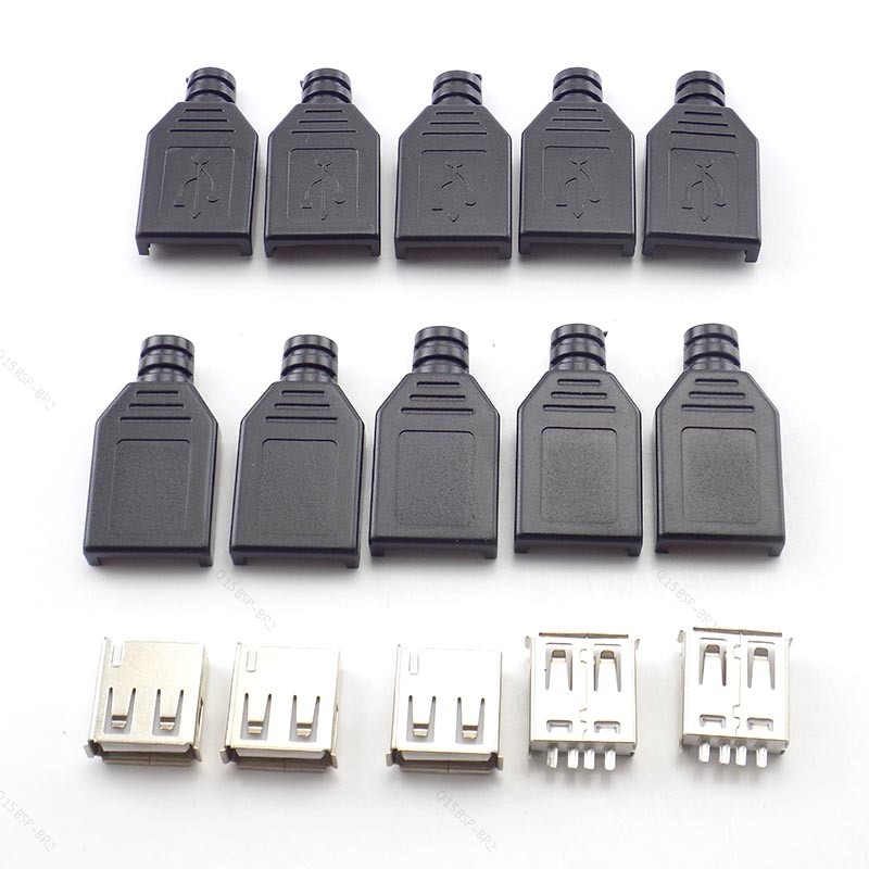10 Pçs DIY Conector USB Tipo A Fêmea 2.0 4 Pinos Adaptador Soquete Solda Com Capa De Plástico Preto BR15B2