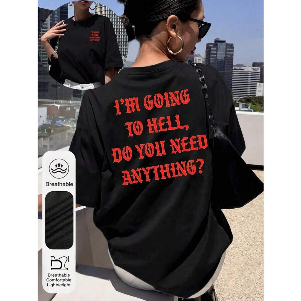 Camiseta Casual Feminina com Tema "Inferno", Gola Redonda, Manga Curta, Estampa de Letras "Eu Vou Para o Inferno", Preta