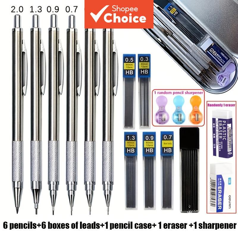 Conjunto de Lápis Mecânicos de Metal 6 Peças com Caixa de Caneta, Grafite, Borracha e Apontador – Tamanhos 0,3 0,5 0,7