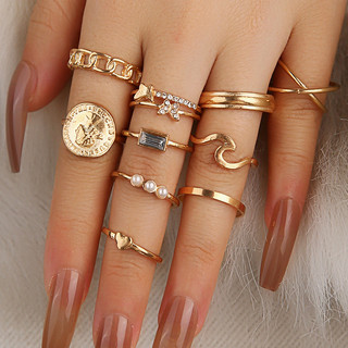 Conjunto de anel estilo 10 peças conjunto diamante borboleta amor strass pérola conjunto de anel conjunto atacado