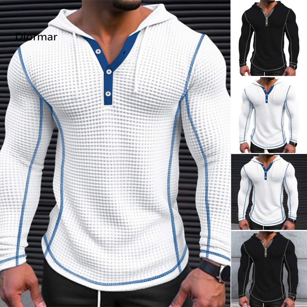 Casual Men Hoodie Solid Color Long Sleeve Top Men's Slim Fit Cotton Waffle Breathable Pullover with Button Closure Styli