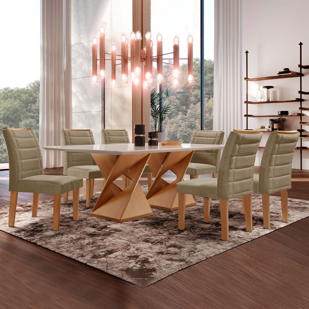 Conjunto Sala de Jantar Mesa 6 Cadeiras Vidro Genova Cinamomo/Off White/Veludo Bege Escuro