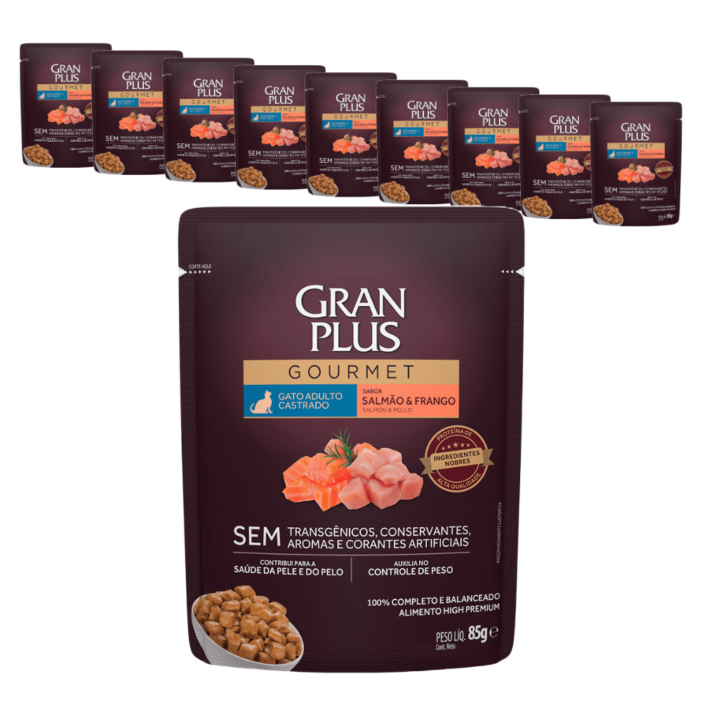 Imagem de Ração Úmida Granplus Gourmet para Gatos Adultos Castrados sabor Salmão e Frango - 85g - KIT 10 unids.