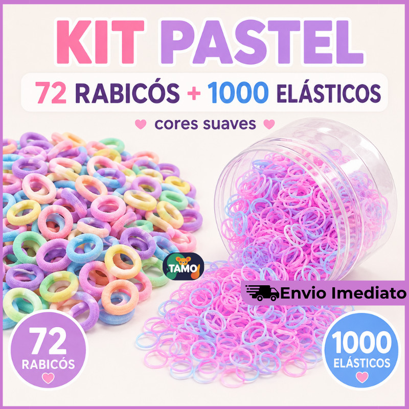 Combo Rabicó Pastel 72 Unidades + 1000 Elásticos Silicone Tons Pastel Rosa Amarelo