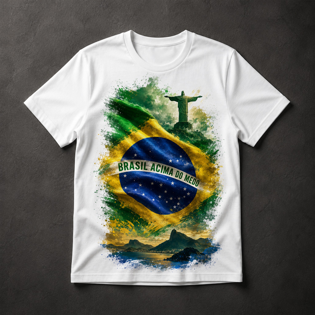 Camiseta Brasil Acima do Medo Bandeira Cristo Redentor Rio Patriota Masculina