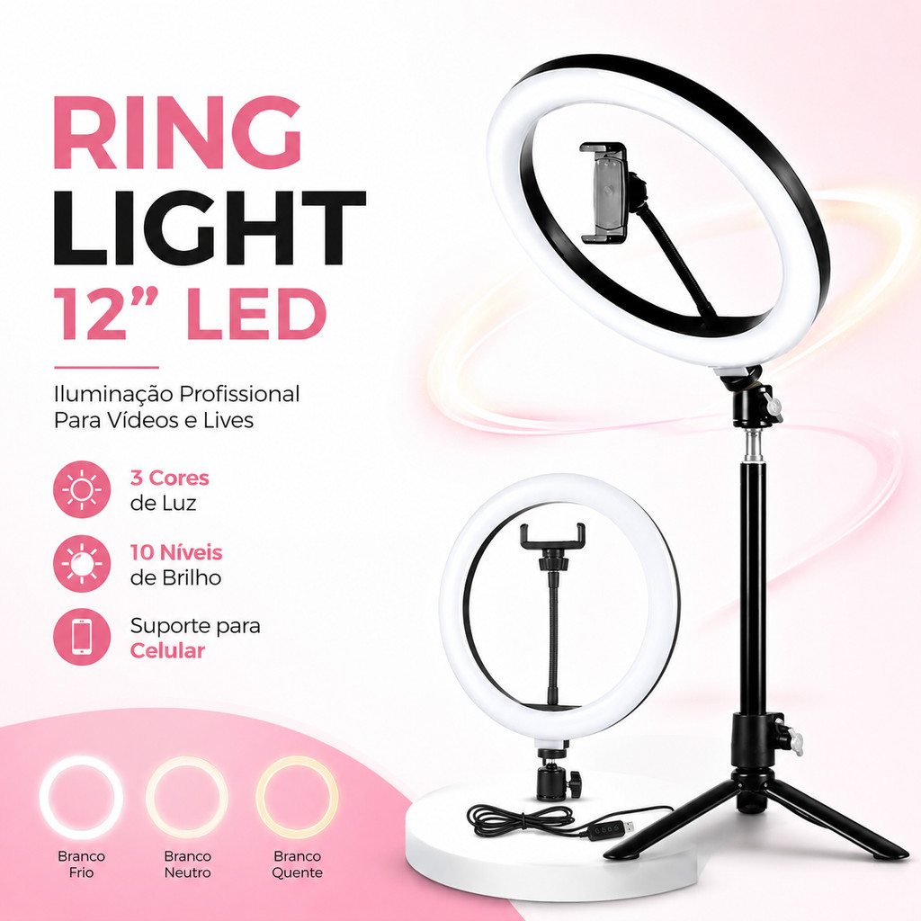 Ring Light LED 12 Polegadas 30cm com Suporte para Celular Iluminação Ajustável para Fotos e Vídeos