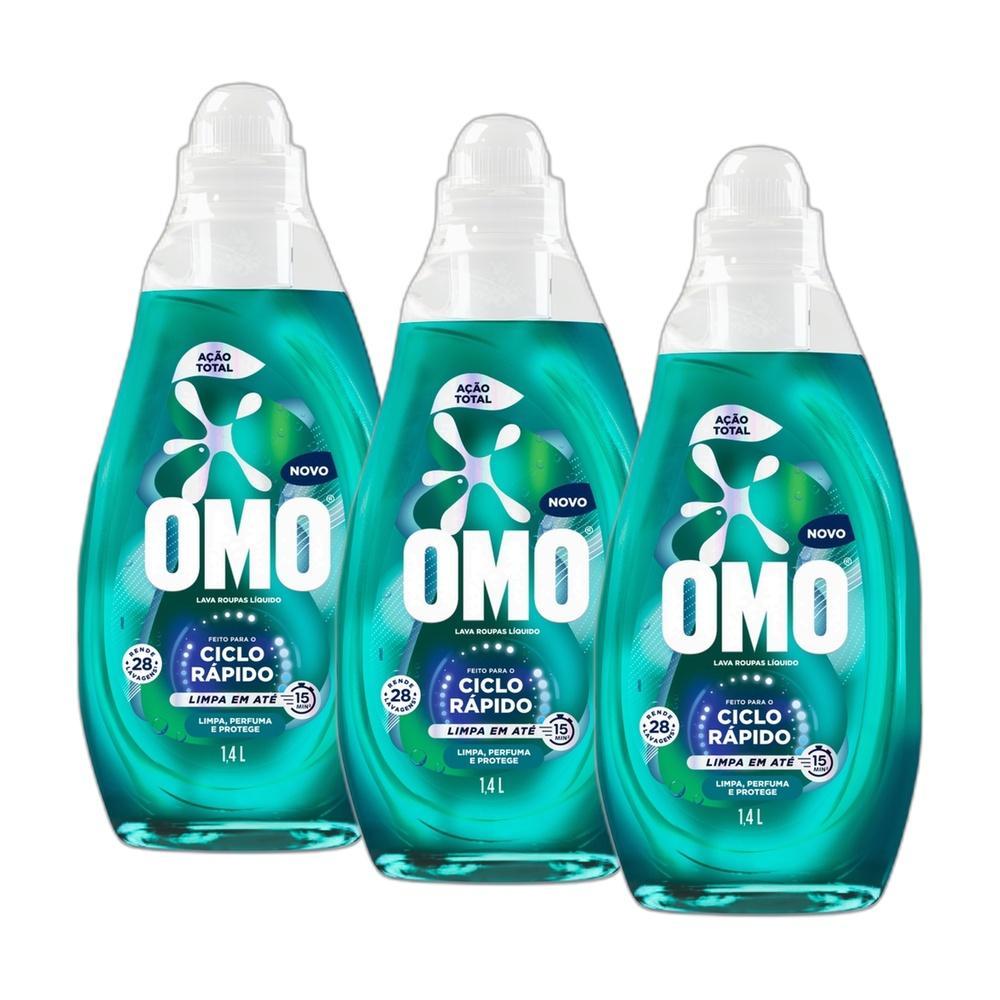 Kit 3 Lava-Roupas Líquido Omo Ciclo Rápido Ação Total Frasco 1,4L cada