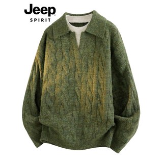 JEEP SPIRIT Lapela Suéter Masculino 2026 Outono Grosso Falso Duas Peças Soltas Malhas Casuais Homens