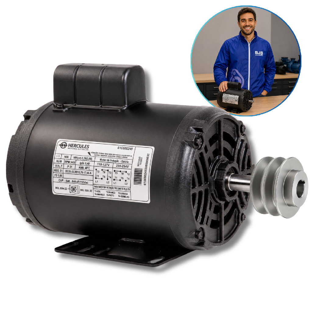 Motor Elétrico 3CV Alta Rotação Monofásico 2 Polos Polia Compressor Betoneira