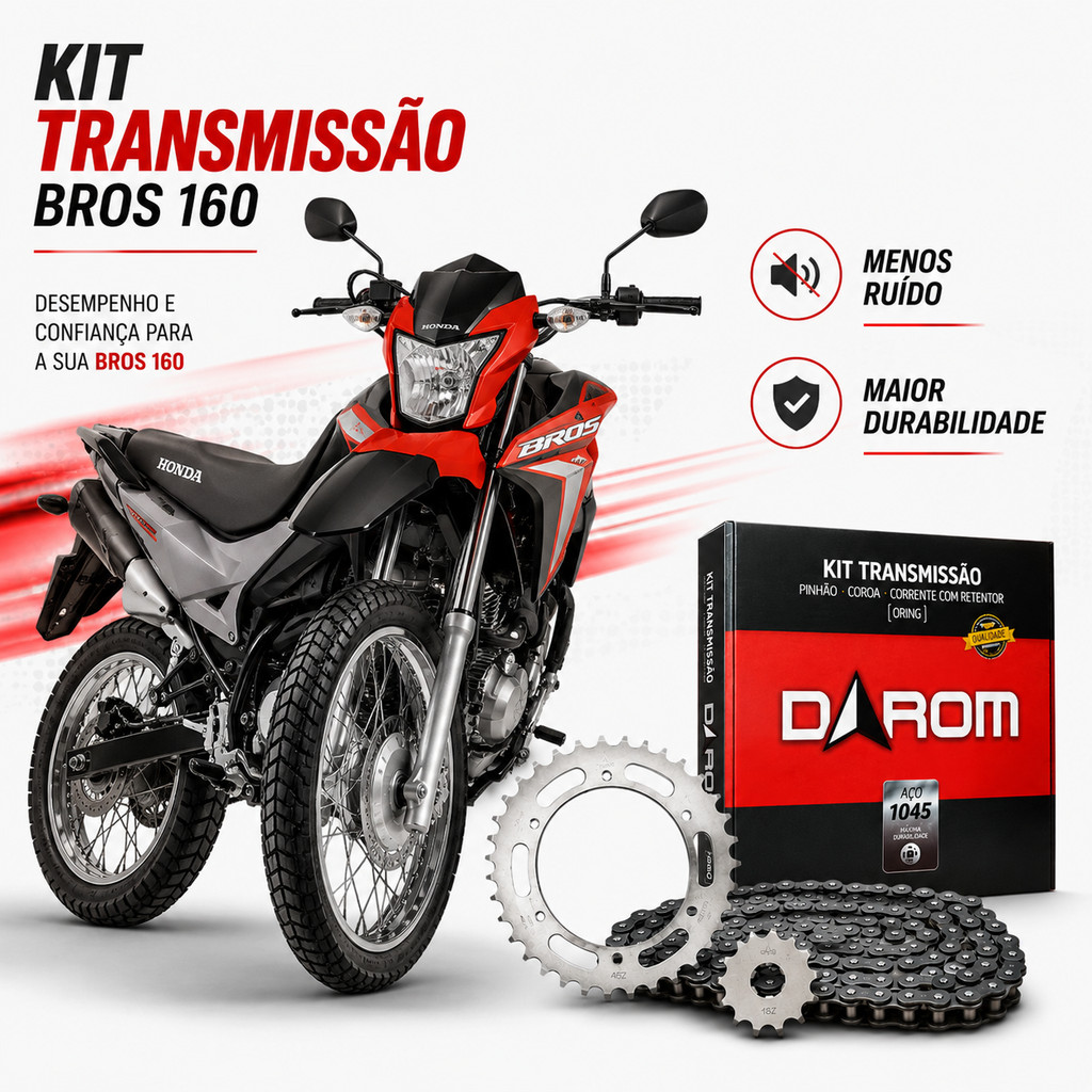 Kit Relação Transmissão Tração  Bros 160 2016 a 2024 XRE 190 Corrente com Retentor DAROM