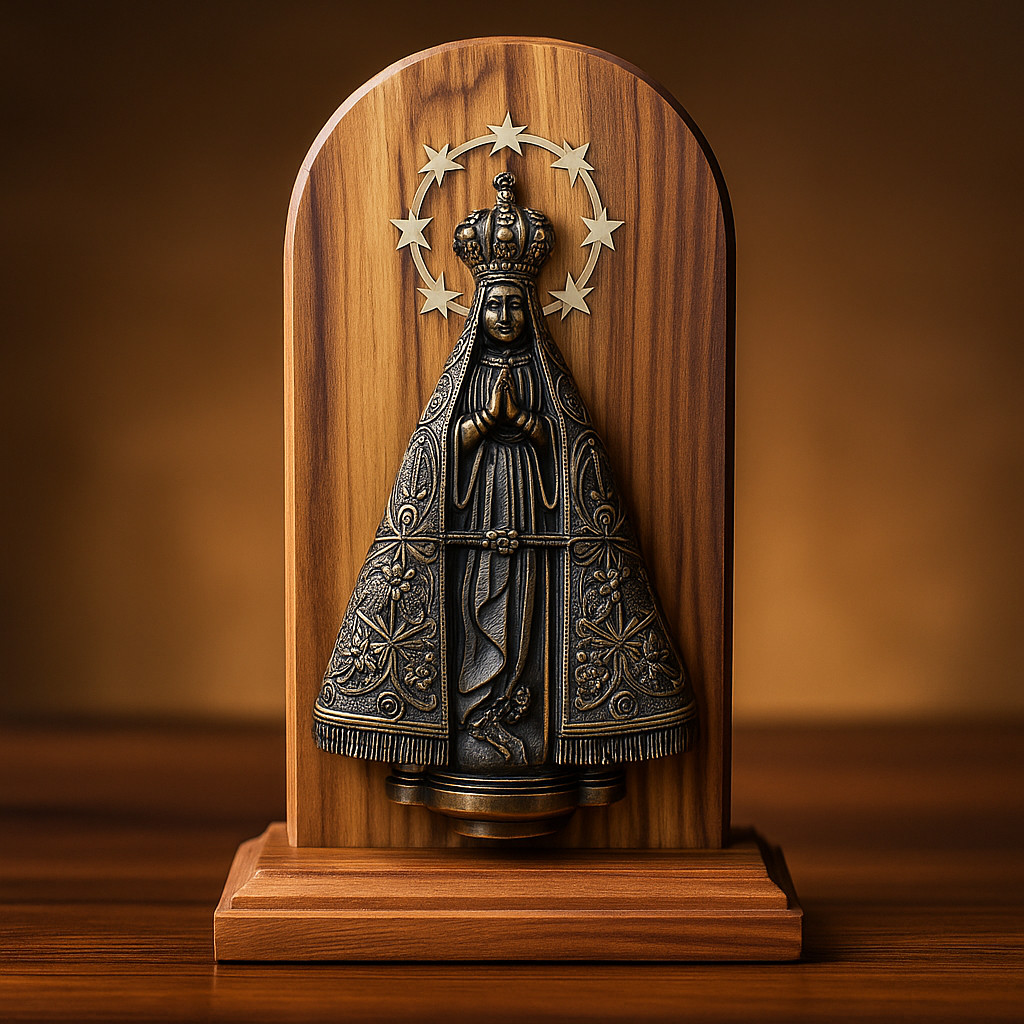 Imagem de Nossa Senhora Aparecida Madeira e imagem em Metal Ouro Velho para Altar e Mesa Decoração