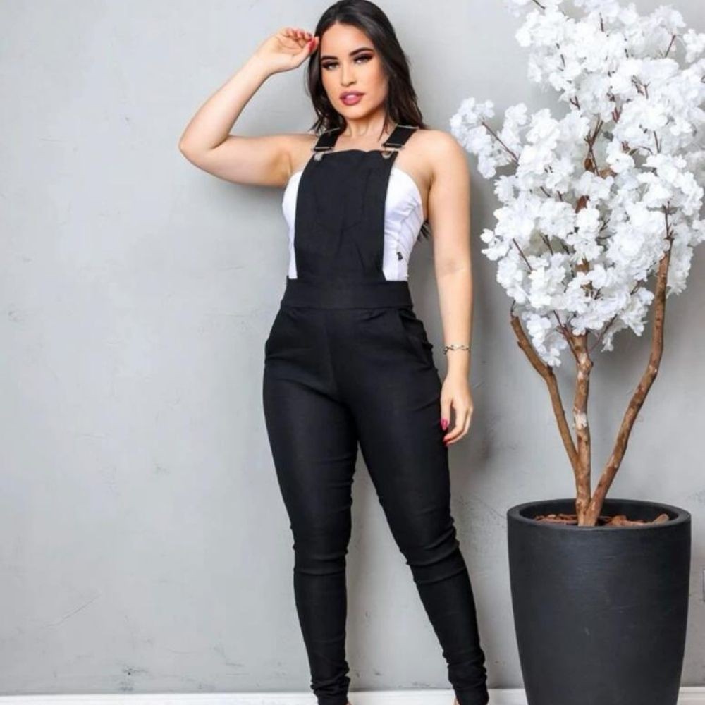 Jardineira Macacão Bengaline Suspensório Roupa Feminina Top Oferta Hoje