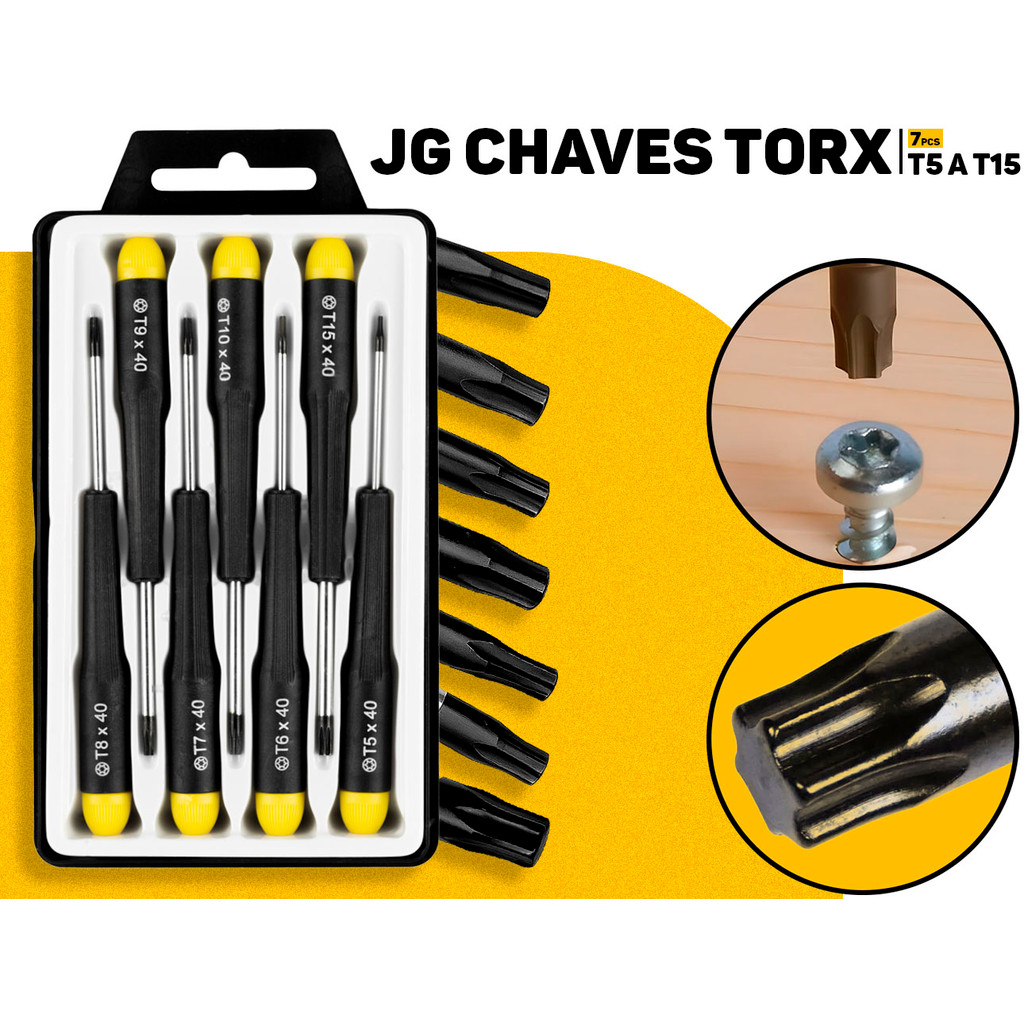 Kit Chaves Torx Precisão Reta 7 Pçs T5 A T15 Profissional Eda Manutenção Notebooks Óculos Eletrônico