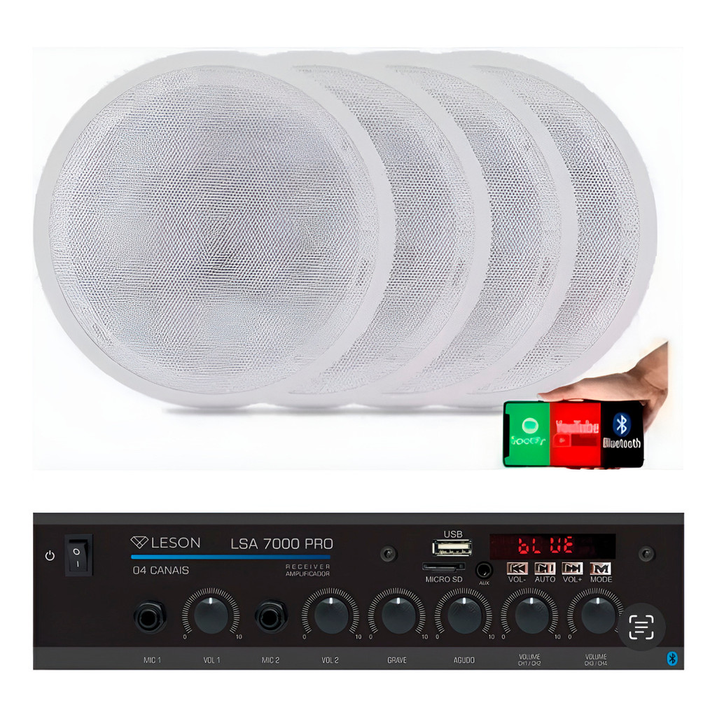 Kit Amplificador Som Ambiente Receiver Orion RC7000 + 4 Arandelas Embutir Full Range 55w RMS Branco- Leson em Oferta na Shopee