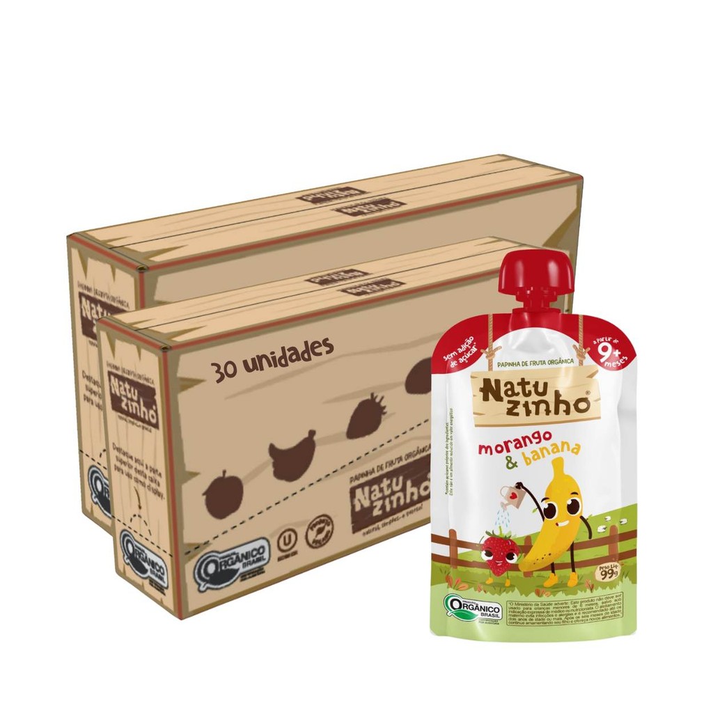 Kit Papinha Organica Natuzinho Morango Banana Bebe 30 unid