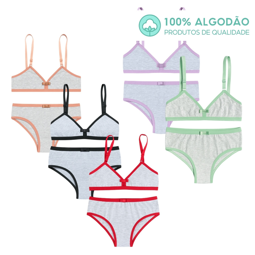 Kit 5 Conjunto Juvenil Infantil Algodão 4 a 15 Anos Menina Moça Confortável Sutiã e Calcinha em Oferta na Shopee