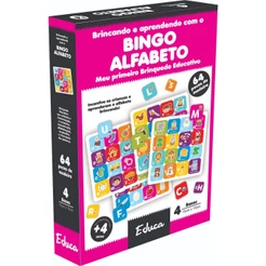 Jogo Bingo Alfabeto com 64 Peças Em Madeira 4 bases madeira Infantil Pedagógico Educativo Brinquedo