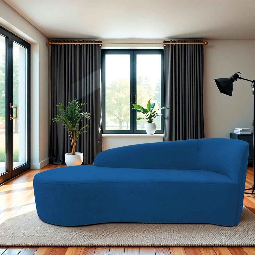 Recamier Curvo Orgânico 160cm 2 Lugares Lado Esquerdo para Sala de Estar Linho Paris Azul Royal Azul Royal