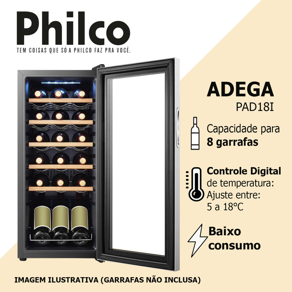 Adega Climatizada Para 18 Garrafas Iluminação Led Porta de Vidro PAD18I Philco — imagem 2 de 2