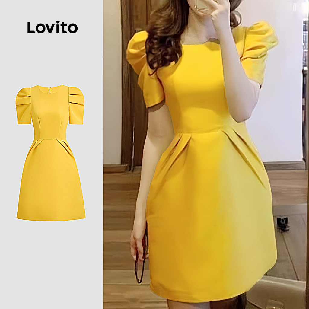 Lovito Vestido Elegante com Franzido Primavera/verão Vestido de Açafrão para mulheres L149ED1237