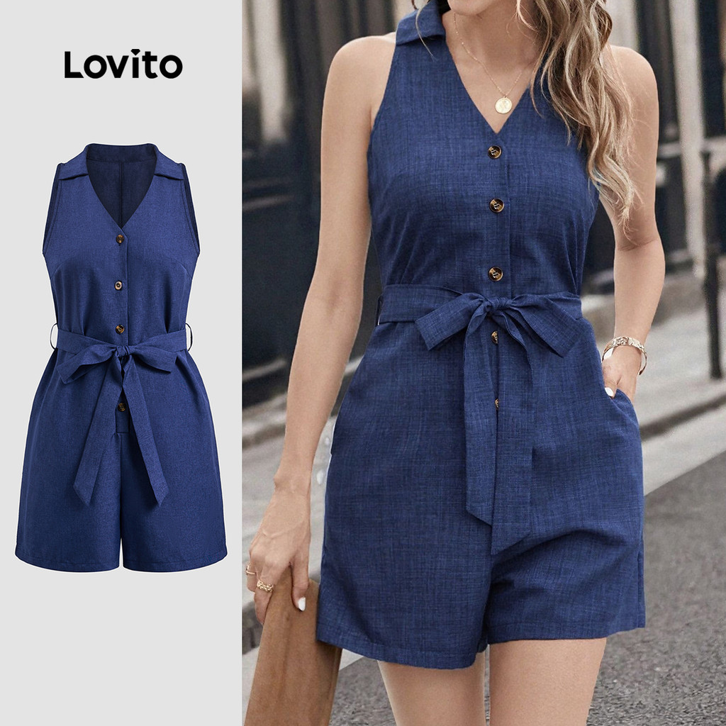 Lovito Macacão Boho Clássico E Versátil Com Botões Azul Ideal Para Primavera/verão Para Mulheres L149ED271 em Oferta na Shopee