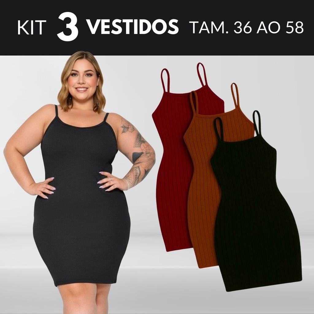 KIT 3 Vestido Feminino Plus Size Vestido Midi Vestidos Vestido Canelado Roupas Midsize Vestido Preto Tamanho 36 Ao 58