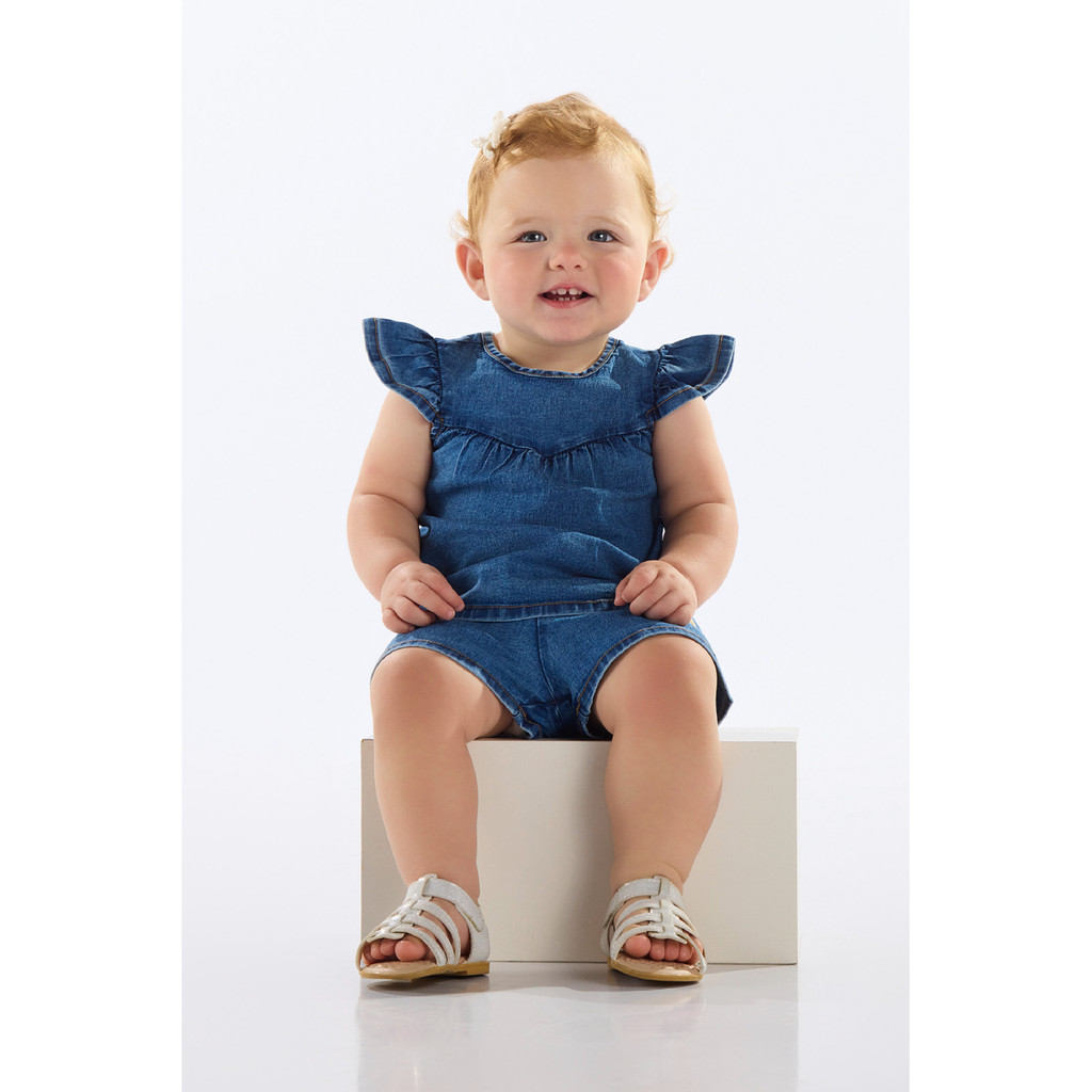Conjunto Bebê com Blusa e Short Jeans Quimby em Oferta na Shopee
