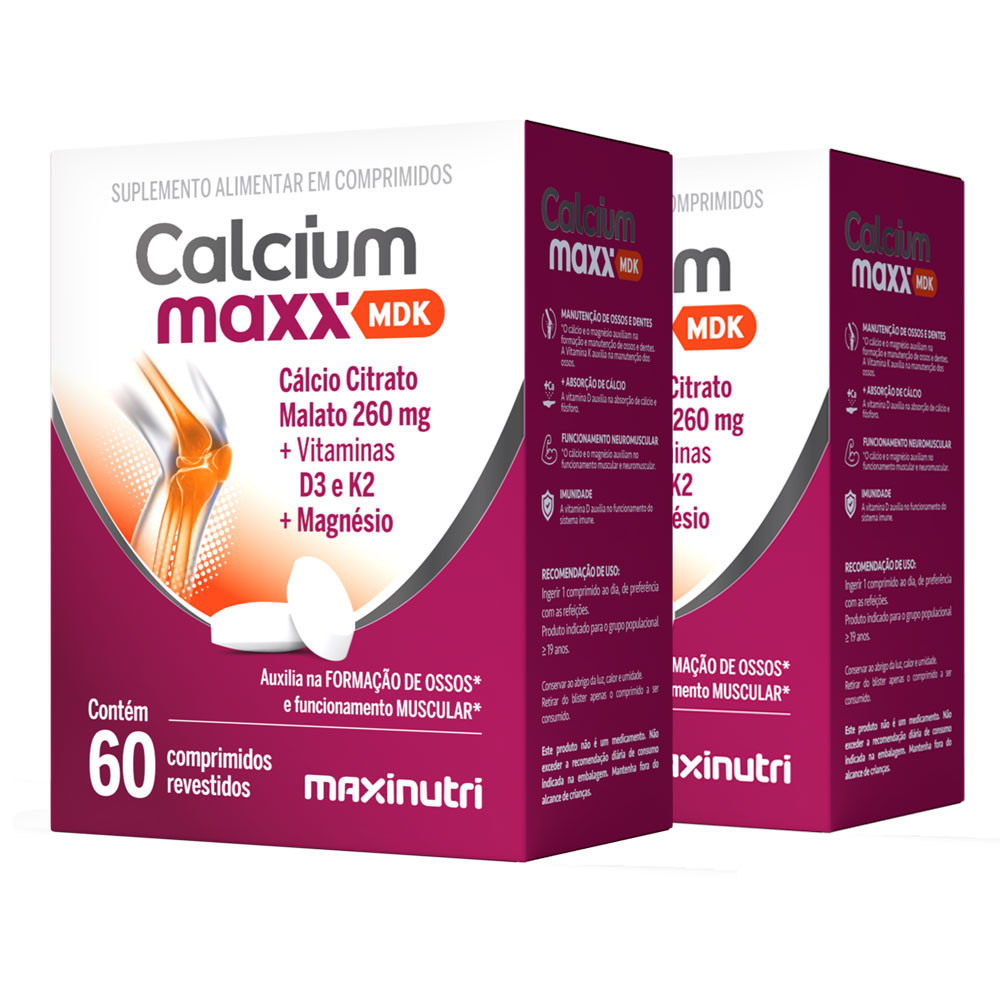 Kit 2 Cálcio Citrato Malato + MDK Magnésio e Vitaminas 260mg Maxinutri