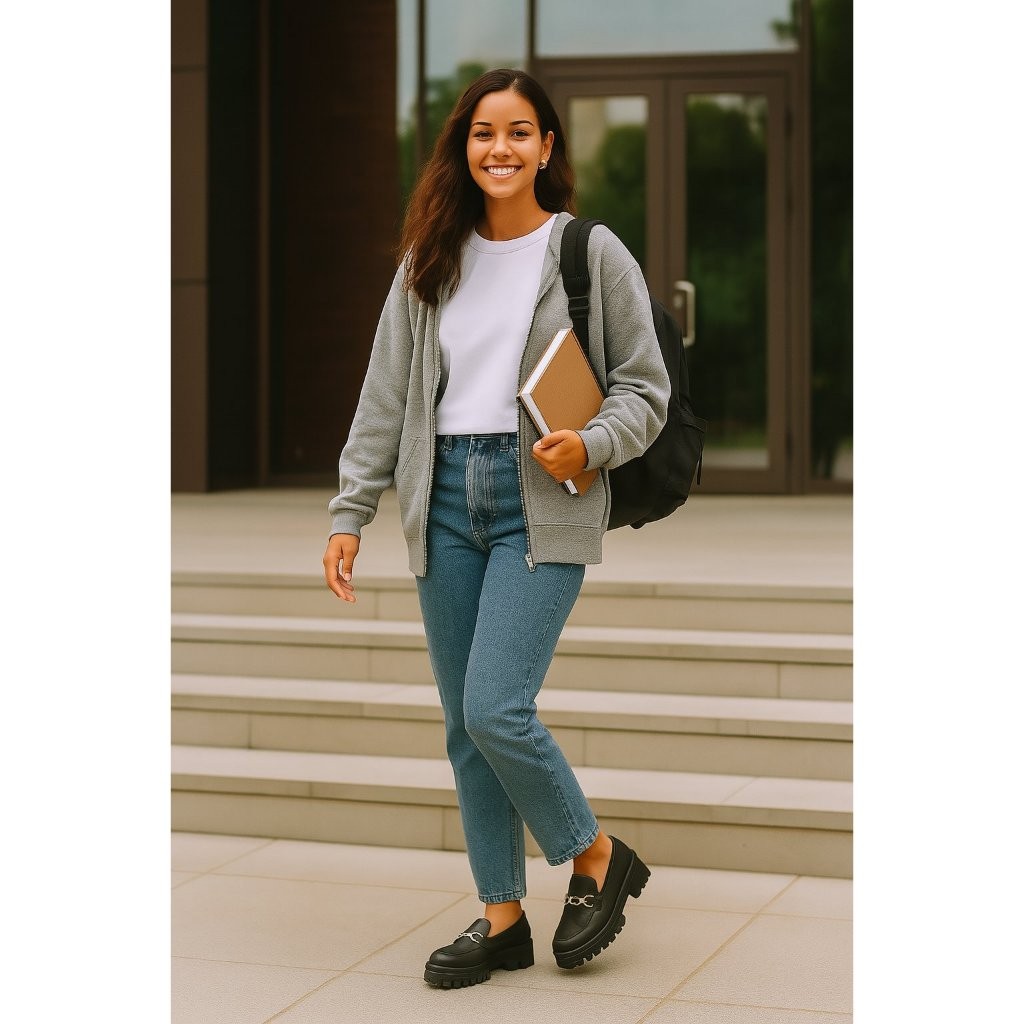 Mocassim Feminino Tratorado Preto com Corrente Salto Baixo Confortável Casual