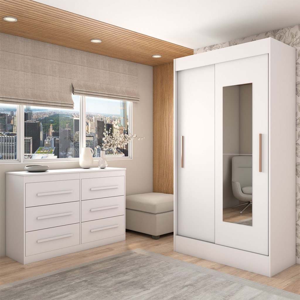 Guarda-Roupa Solteiro Europa 2 Portas 2 Gavetas e Cômoda 6 Gavetas com Espelho - Panorama Móveis em Oferta na Shopee