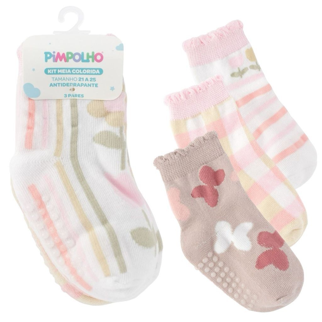 Kit Meia Infantil Feminina Antiderrapante 3 Pares Estampas Sortidas Tamanho 21 a 25 envio rapido