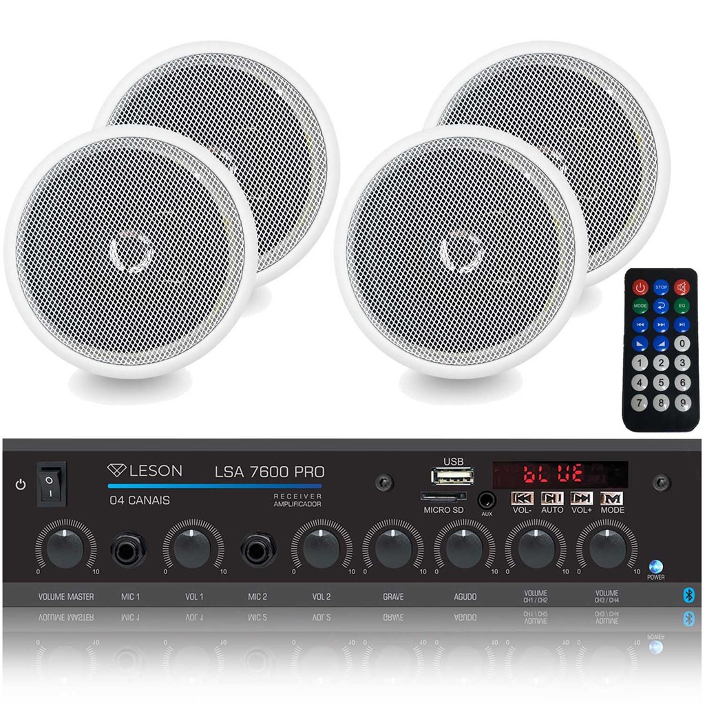 Kit 4 Arandela Embutir Som Ambiente + Receiver/Amplificador Bluetooth Pro