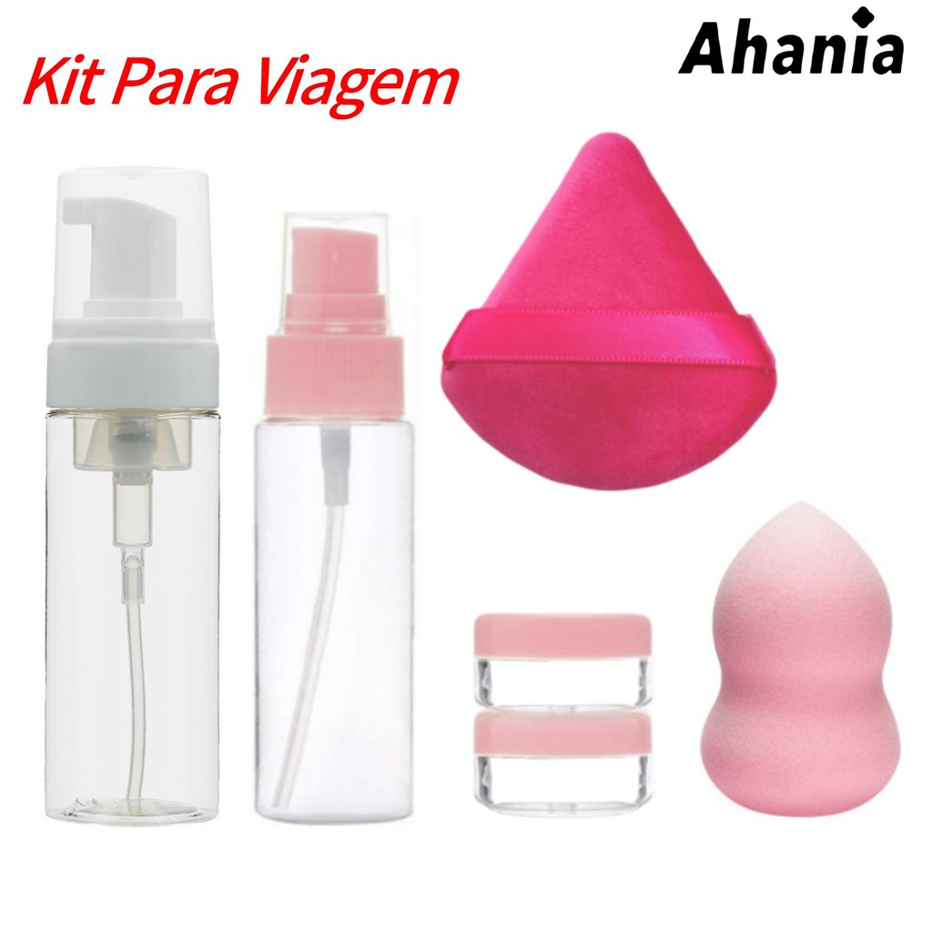 Ahania Kit Para Viagem, Frasco de Spray, Frasco de Espumador, 2 Potinho de Creme, Esponja de Maquiagem Veludo Triangular