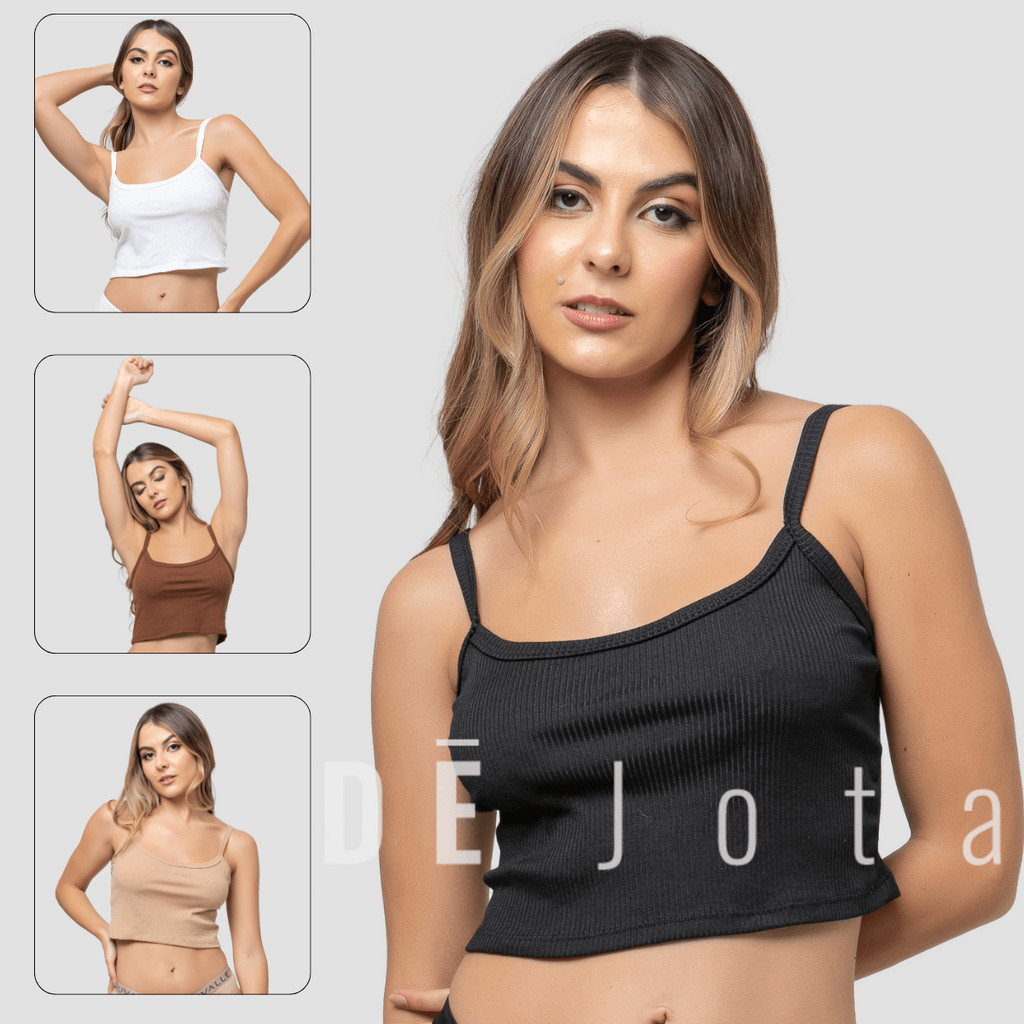 Kit 5 Cropped Canelado Alcinha Blusa Top Regata Curta Feminina Moda Básica Conforto