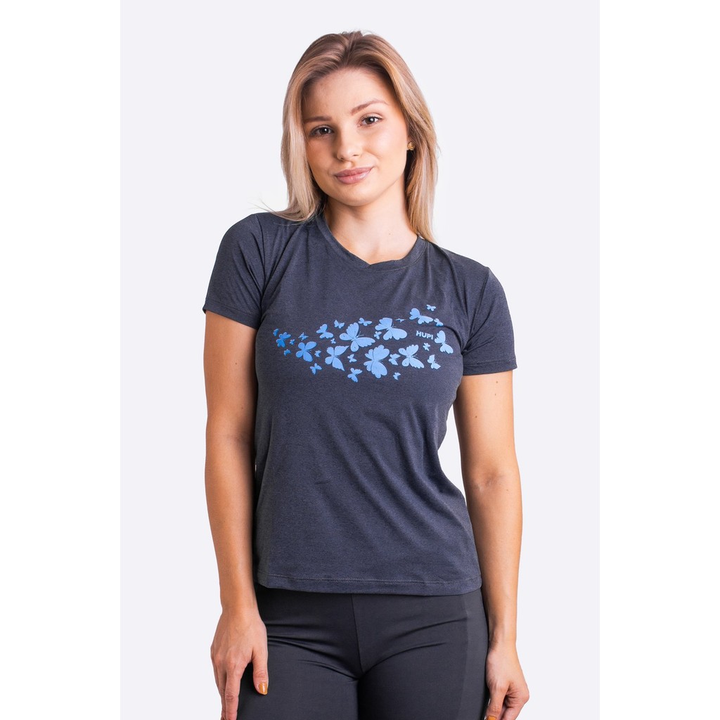 Camiseta HUPI Butterfly Babylook Feminina Manga Curta Azul Escuro