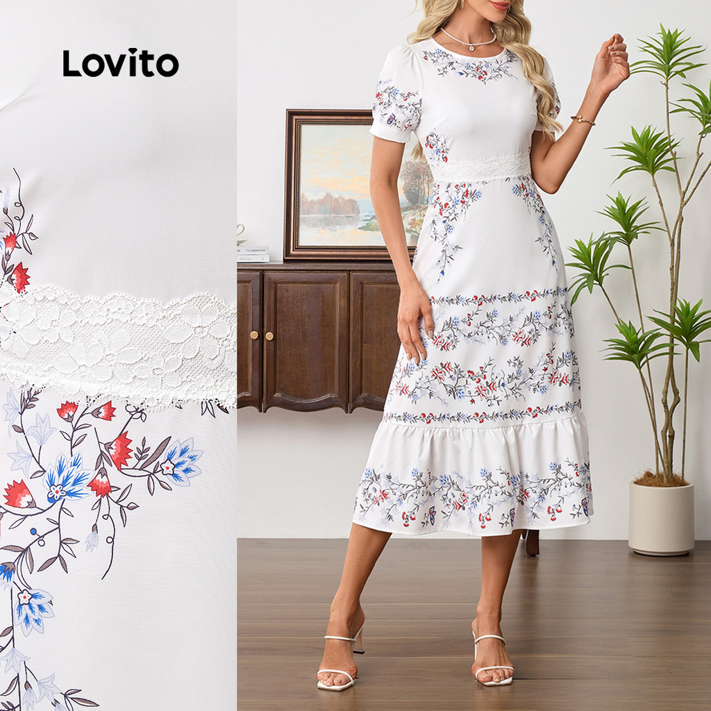 Lovito Vestido Elegante Renda/Volante Borda Primavera/Verão Vermelho Vestido Evangélico Festa Natal Mulheres LBL29339 em Oferta na Shopee