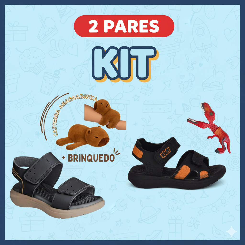 Kit 2 Pares Sandália Menino Kidy Capivara + Sandália Dino Confortável Anatômica Brinquedo Divertido