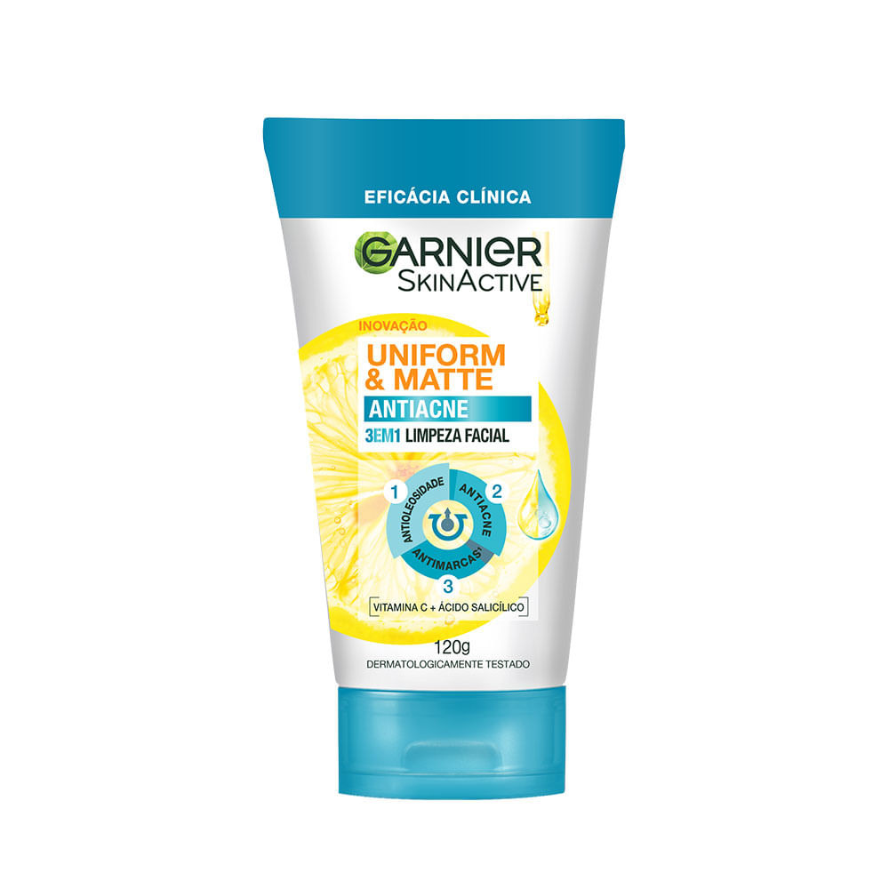 Sabonete Facial 3 em 1 Garnier Skin Uniform & Matte Antiacne 120g em Oferta na Shopee