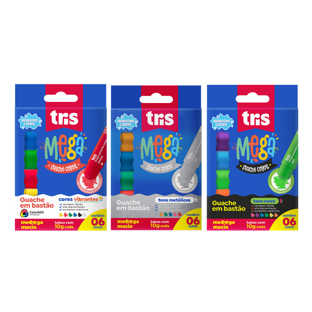 Guache em Bastão Mega Guache Color 6 Cores (Tradicional, Neon e Metálico) - Tris
