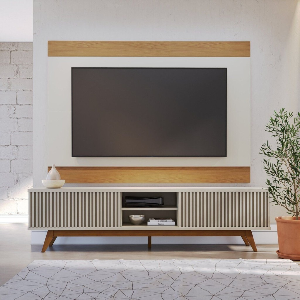 Rack com Painel Ripado para TV até 75 Polegadas 218cmx140cm Pés em Madeira Maciça 4 Portas Colibri Branco Off
