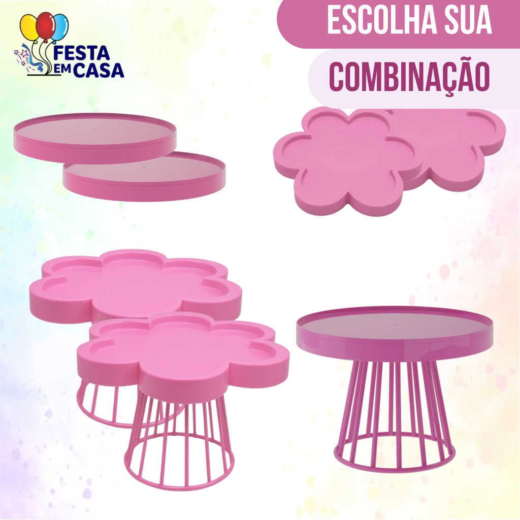 Kit Festa 1 Boleira Roma 23cm + 2 Porta Doces + 2 Bandejas Flor + 2 Bandejas Redondas - Diversas Cores